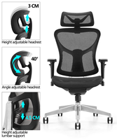 Fauteuil de bureau ergonomique moderne et inclinable avec accoudoirs réglables 6D, appui-tête réglable, support lombaire et dossier ailé en aluminium