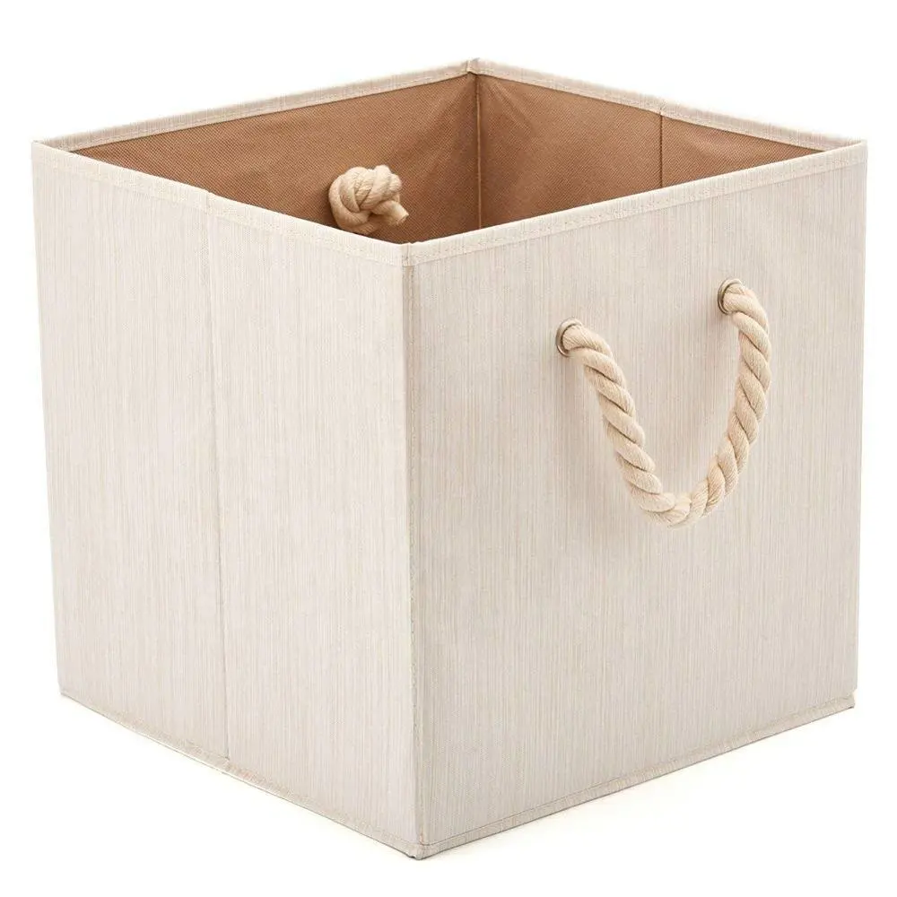 13x13x13 Inches Foldable Bamboo Fabric Storage Bins for Cube Organizer with Cotton Rope Handles, Collapsible Basket Box for home