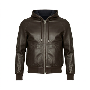 Men's Premium Dark Chocolate Brown Genuine Leather Hooded <b>Tracksuit</b> Set with Full-Zip Hoodie Jacket and Tailored Slim-Fit Jogger - Product Image 1