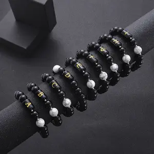 Gelang Manik-manik Huruf A-Z Batu Alam Baru untuk Wanita Pria 26 Gelang Alfabet Inggris Gelang Awal Onyx Hitam Pulseras