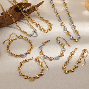 Heart Shape Stainless Steel Necklace And <b>Bracelet</b> <b>Set</b> 18k Gold Plated Clavicle Chain Unisex Everyday Wear Jewelry - Product Image 2