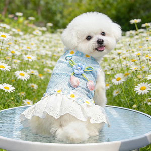 Weiwang Summer Dog Dress Blue <b>Mesh</b> Lace <b>Skirt</b> With Flowers For Small Dogs Bichon Frise Pomeranian - Product Image 4
