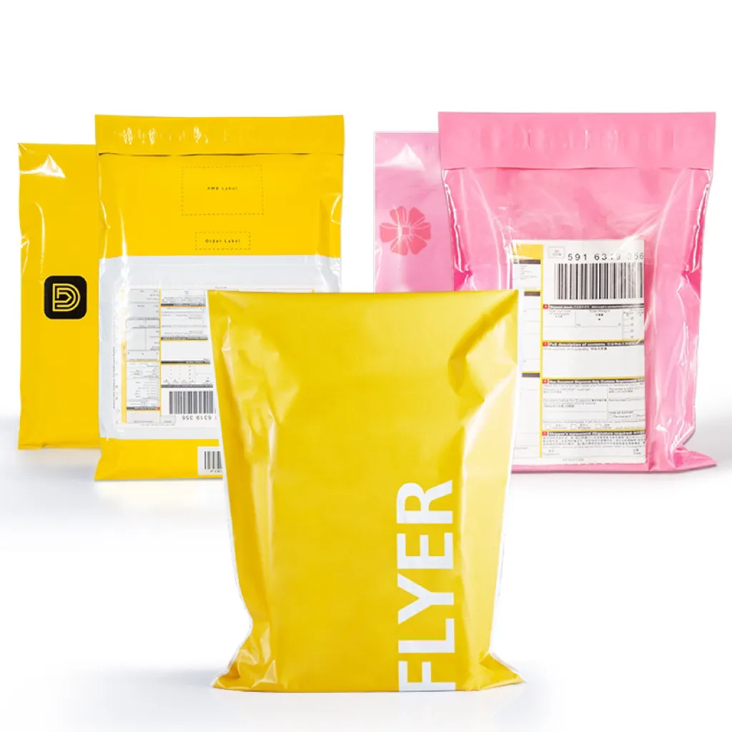 Бесплатный образец, самоуплотняющийся пластиковый желтый почтовый конверт, доставка, хромированный полиэтиленовый почтовый отправитель, персонализированный с карманом