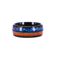 Bague de mariage unisexe en tungstène noir bombé avec incrustation d'opale véritable orange et bleue, certifiée THX par un tiers