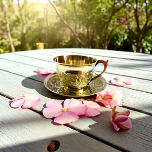 Juego de Taza y Platillo de Té de Latón Vintage con Patrón Floral en Relieve, Acabado Dorado, Elegante Taza Decorativa para Servir Té de Lujo - Product Image 1