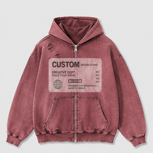 เสื้อฮู้ดซิป OEM แบบล้างทำความสะอาดแล้ว ดีไซน์สตรีทแวร์ ผ้าเฟรนช์เทอร์รี่ ทรงโอเวอร์ไซส์ บ็อกซี่ฟิต ลายกราฟิกแบบแพทช์เวิร์ค พรีเมียม พร้อมโลโก้สั่งทำพิเศษสำหรับผู้ชาย - Product Image 1