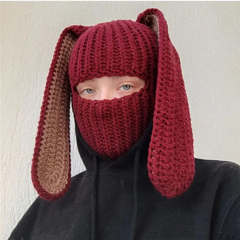 Balaclava de orelha de coelho de crochê engraçada para máscara de esqui Balaclava orelhas de coelho longas confortável respirável chapéu cosplay fofo