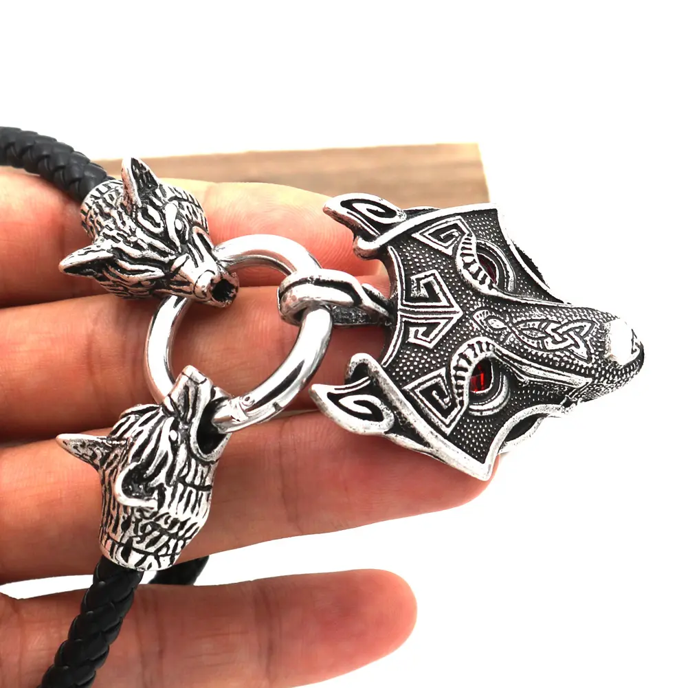 Fashion Jewelry Necklaces Silver Plated Viking Wolf Head Necklace Pendant Leather Necklace For Men