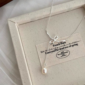S925 Sterling Silver <b>Bow</b> Necklace With Pearl Pendant For Women <b>Gift</b> Jewelry - Product Image 5