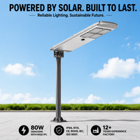 Lampadaire solaire tout-en-un en aluminium étanche IP65 avec contrôleur MPPT 80W, angle de faisceau 140°, certifié RoHS, télécommande, garantie 3 ans