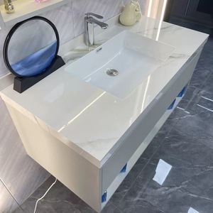 Meuble-lavabo à haute brillance avec évier simple et éclairage LED, étagères ouvertes à surface facile à nettoyer pour dortoir étudiant, <span class=keywords><strong>chambre</strong></span> d'hôtel - Product Image 4