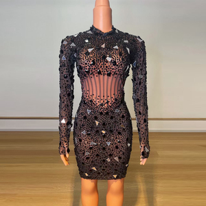 Vestido De fiesta De malla transparente para mujer, vestido De fiesta De cristal hecho a mano De manga larga, AD1532 - Product Image 3