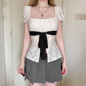 Women Lace <b>Patchwork</b> Square Neck Short Sleeve T Shirt Color Block Bow Tie A Line Knit <b>Top</b> Casual Fashion Tee - Product Image 6