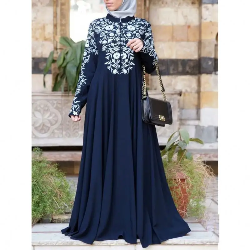 Op Maat Gemaakte Moslim Dames Lange Mouwen Staande Hals Print Grote Swing Rok Met Etnische Abaya Vrouwen Moslim Jurk 2023 Dubai