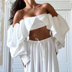 <span class=keywords><strong>Top</strong></span> Corto Estivo da Donna <span class=keywords><strong>Bianco</strong></span> Sexy con Spalle Scoperte e <span class=keywords><strong>Maniche</strong></span> <span class=keywords><strong>Lunghe</strong></span>, con Lacci Posteriori e Fascia, Abbigliamento Donna 2026 - Vendita all'Ingrosso - Product Image 3