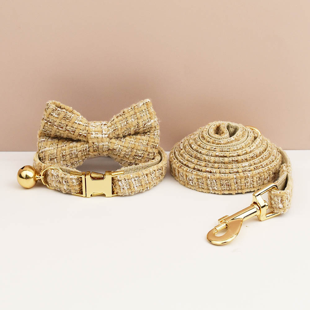 Khaki collar+bow tie+leash