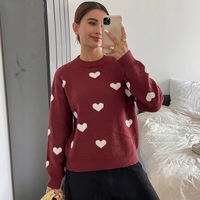 Pull en maille à col rond pour femme, motif cœur blanc jacquard, manches longues, épaules tombantes, coupe ample, doux, décontracté, automne