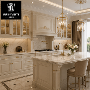 Mobili da <span class=keywords><strong>Cucina</strong></span> Neoclassici Europei di Lusso in Legno Intagliato su Misura con Isola in Marmo e Ante in Vetro per Progetti di Interni di Ville e Residenze di Lusso - Product Image 2