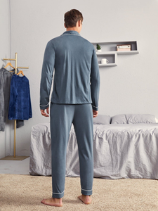 <strong>Men's</strong> Cotton Blend <strong>Pajamas</strong> Two Piece Top Pocket Long Sleeves Long Pants Home Clothes Pyjamas Pour Hommes <strong>Men's</strong> Sleepwear - Product Image 4