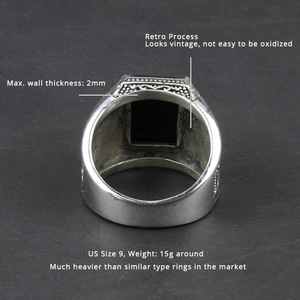 Anel Antigo de Prata Esterlina 925 Pura com Pedra Natural de Ágata Preta, Anéis Masculinos com Gravura de Flor <span class=keywords><strong>Retro</strong></span>, Joias Punk Rock - Product Image 3