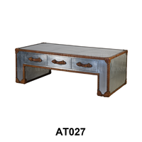 Table basse industrielle en acier inoxydable, cuir et bois massif, table à cigares, table à whisky, table basse de luxe