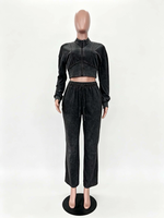 Nouvel ensemble de survêtement rétro en molleton extensible pour l'automne, avec cardigan, haut court et pantalon large taille haute