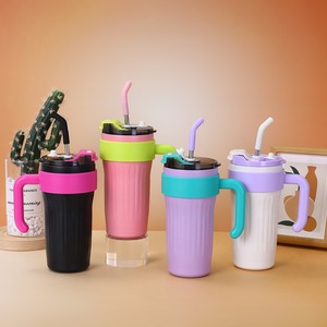 Gobelet à café isotherme de 860 ml avec poignée, corps rayé en acier inoxydable, paille métallique réutilisable, grande tasse de voyage sous vide - Product Image 1