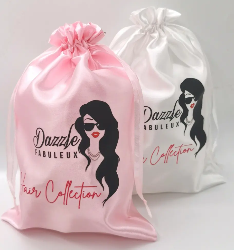 Lage Moq Logo Gedrukt Wit En Roze Trekkoord Satijnen Tassen Haarverlenging Zakjes Voor Pruiken Verpakking