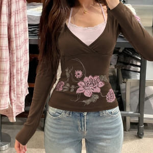 เสื้อยืดคอวีพิมพ์ลายดอกไม้สไตล์อเมริกันวินเทจ แขนยาวทรงเข้ารูปสำหรับผู้หญิง - Product Image 5