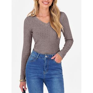 Womens Long Sleeve V Neck Ribbed Knit Sweater Slim Fit Lightweight Autumn Casual <b>Top</b> - Product Image 2