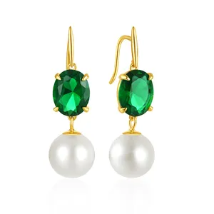 fashion jewelry 925 sterling silver earrings oval green emerald diamond zircon round pearl gold plated hook hoop earrings women