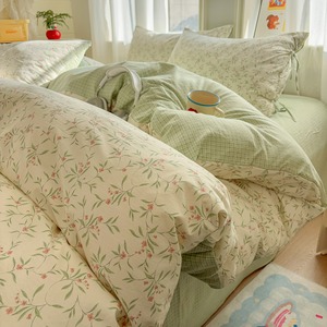 Mu Tangxuan Cotton Sheet <b>Set</b> Plaid Floral Print Tie-up Design Spring 2026 Four-Piece <b>Bedding</b> - Product Image 2