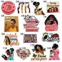 Patchs en tissu polyester brodés thermocollants avec slogan de motivation de dessin animé, motif Fille noire lisant ; à utiliser pour vêtements et chapeaux