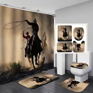 Country Cowboy Riding Horse Rustic Farmhouse Custom Bathroom Rugs Western Shower Curtain Set