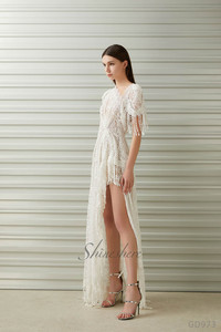 아름다운 레이스 짧은 소매 높은 분할 등이없는 알라인 웨딩 원피스 신부 가운 - Product Image 3