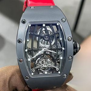 Reloj Mecánico de Lujo Tonneau Tourbillon con Esfera de Diseño Hueco, Caja Gris y Correa de Goma Roja - Product Image 1
