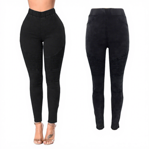 Jean droit taille haute pour <span class=keywords><strong>femme</strong></span>, style motard, en denim côtelé extensible respirant, coupe slim décontractée, délavage clair, longueur cheville - Product Image 6