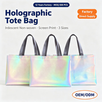 Sacs fourre-tout de luxe en tissu non tissé laminé irisé laser style influenceur de la marque Hzayg avec logos imprimés en sérigraphie pour vêtements