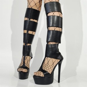 Bottes noires à talons aiguilles pour femmes, style sandales à plateforme, ajourées, avec fermeture éclair arrière et rayures, pour l'été - Product Image 1