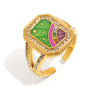 Anillo apilable ajustable de acero inoxidable chapado en oro de 18 quilates con esmalte de tarot vintage y circonitas, joyería llamativa para mujer - Product Image 4
