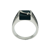 Kaanjewelry Bague d'index personnalisée pour homme en argent sterling 925 avec gravier d'agate noire incrusté, décoration métallique, large bande, style rétro, luxe léger