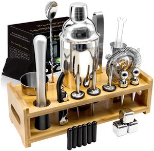 Cocktail Mixer Stand Bar Tool Shaker Set with Stand with Stylish Bamboo Bamboo/stainless Steel Bars Clubs Color Box Sustainable