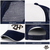 Casquette de baseball unisexe style trucker, dos en maille, devant en mousse, visière incurvée, six panneaux, réglable, blanc et bleu marine, vente en gros