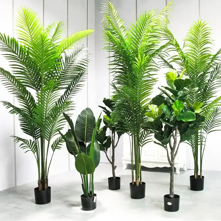 Venda por atacado de plantas artificiais para decoração de casa, bonsai, vasos de plástico para jardim, plantas modernas, palmeiras para ambientes internos