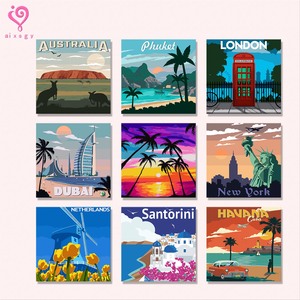 <b>Canvas</b> Printed Wall Art Set Rectangle Cartoon Scenery Digital Printing Modern Style Australia Phuket London Dubai New York Neth - Product Image 1