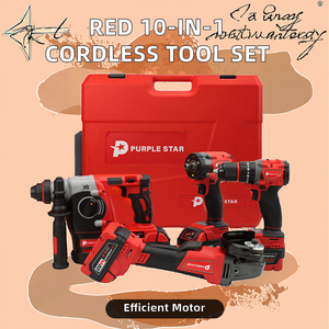Set di Utensili Cordless 10-in-1 Rosso Brushless OEM Senza Chiave: Trapano <span class=keywords><strong>a</strong></span> Percussione, Avvitatore <span class=keywords><strong>a</strong></span> Impulsi, <span class=keywords><strong>Smerigliatrice</strong></span> Angolare, 4 Macchine, 4 Batterie, Uso Industriale - Product Image 2