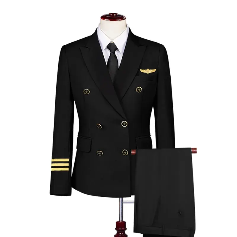 Custom Airliner civile Aviation Pilot Airline Staff Work Wear Suit Blazer Shirt Pants 3 pezzi set captain Uniform