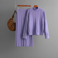 Ensemble jupe et pull en tricot texturé élégant pour femmes, pull ample à col montant à manches longues, jupe midi, ensemble deux pièces