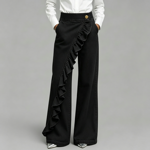 OEM ODM Women High Waist Wide Leg Jeans <b>Light</b> Blue Ruffle Detail Denim Pants Casual Loose <b>Trousers</b> Custom Logo - Product Image 3