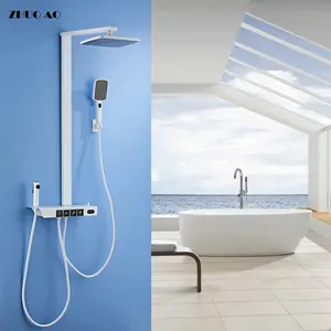 Luxury European Style White Brass Shower Faucet Set LED Digital Display Thermostatic Shower Tap Panel Bathroom Accessory Set